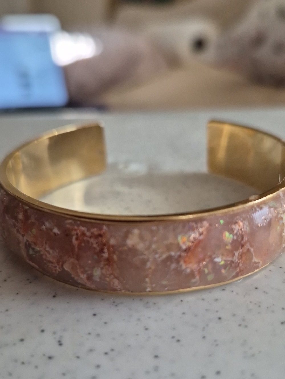 Vintage Marbled Pink Resin Inlay Gold cuff bracelet